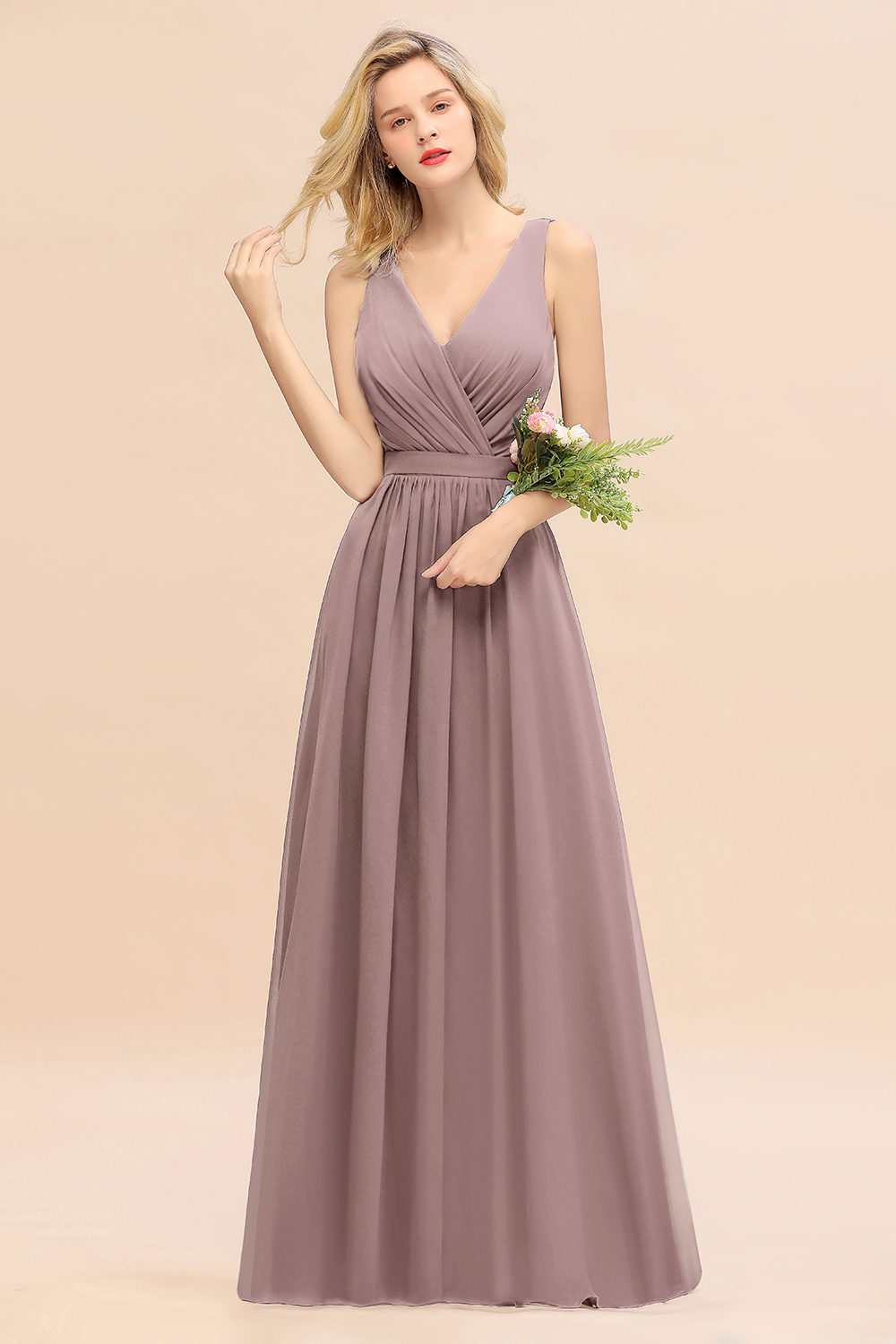 27prom Affordable V-Neck Ruffle Long Grape Chiffon Bridesmaid Dress with Bow-27prom