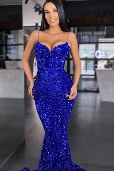 Sweetheart Royal Blue Spaghetti Strap Mermaid Long Prom Dress With Sequins