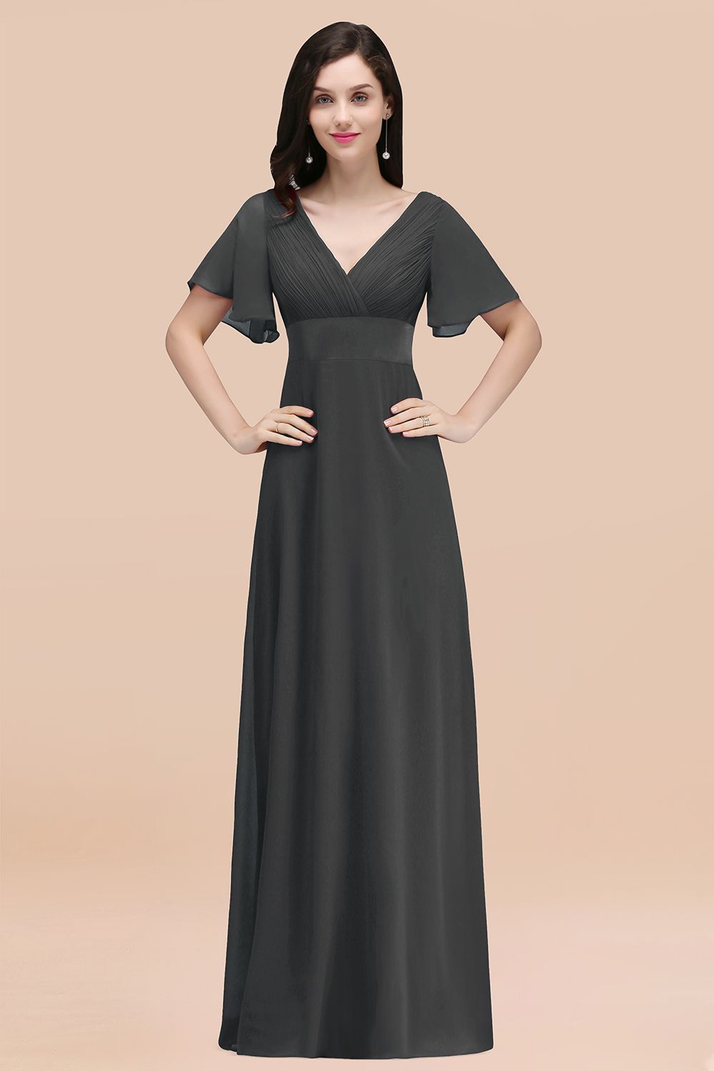 27prom Affordable V-Neck Ruffle Long Burgundy Bridesmaid Dress With Short-Sleeves-27prom