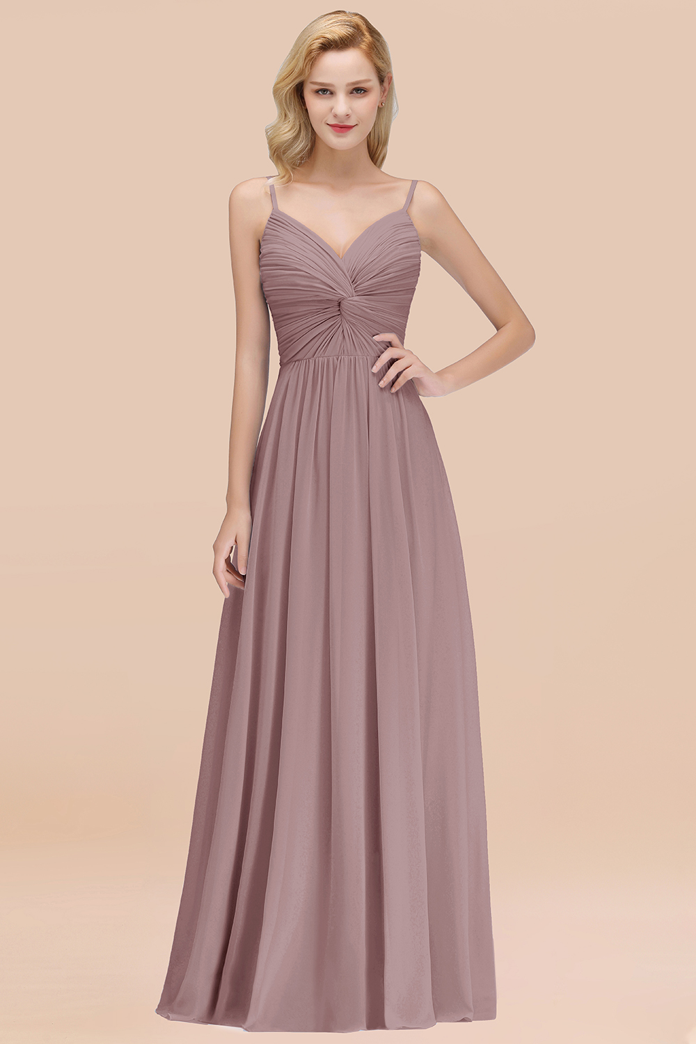 27prom Chic V-Neck Pleated Backless Bridesmaid Dresses with Spaghetti Straps-27prom