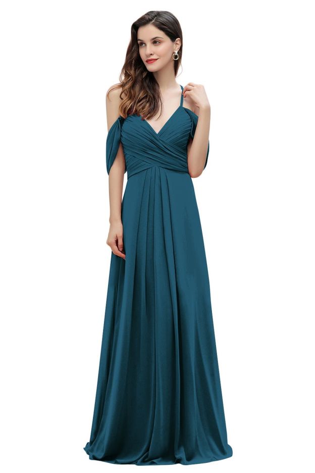 Elegant A-line Off-the-Shoulder V-neck Ruched Long Bridesmaid Dress-27prom