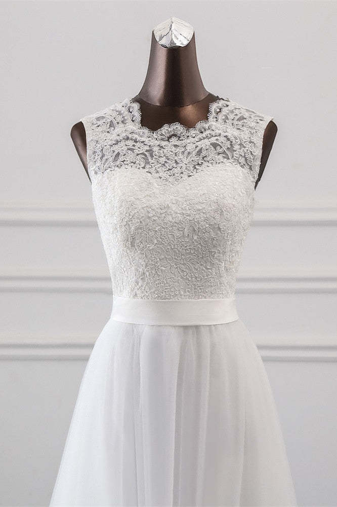 Jewel Neck A-Line Tulle Wedding Dress with Lace Appliques