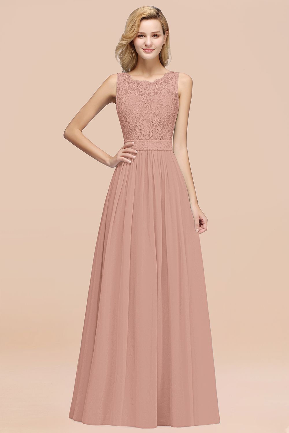 27prom Elegant Chiffon Lace Scalloped Sleeveless Ruffle Bridesmaid Dresses-27prom