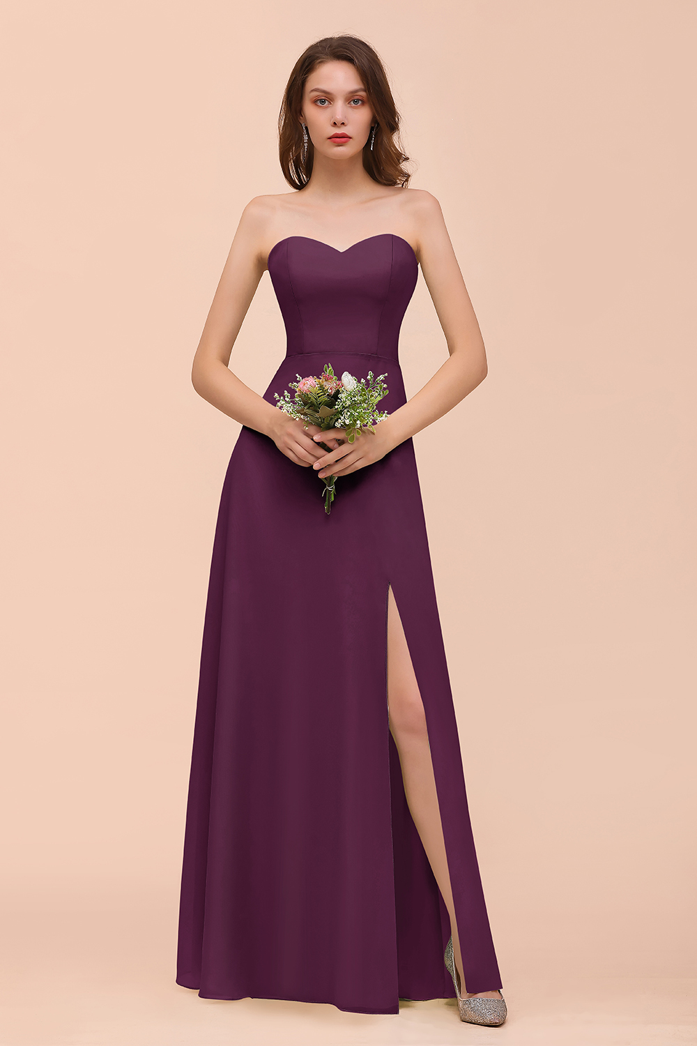 27prom Affordable Strapless Front Slit Long Dusty Sage Bridesmaid Dress-27prom