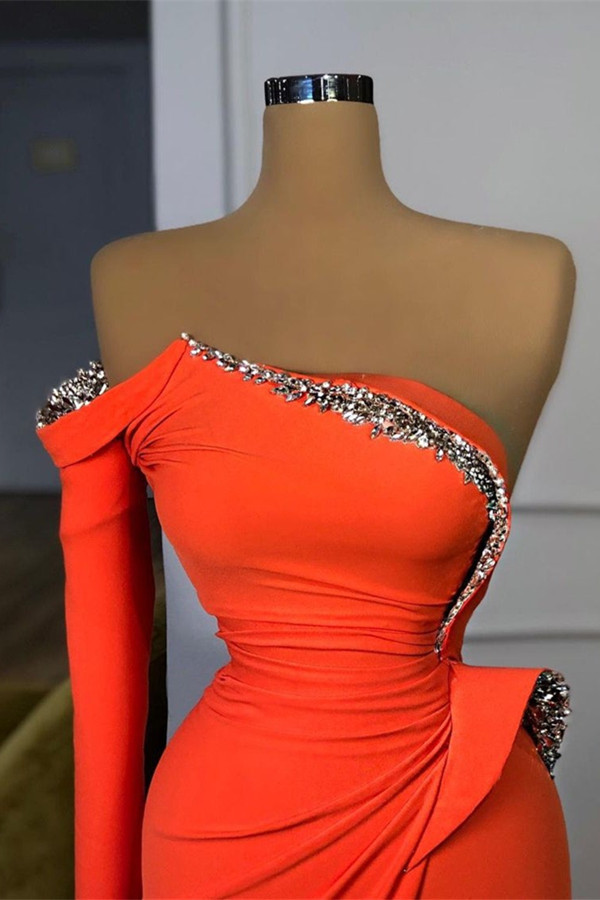 Orange Long Sleeves Sequins Long Pleated Mermaid Prom Dress With Beadings