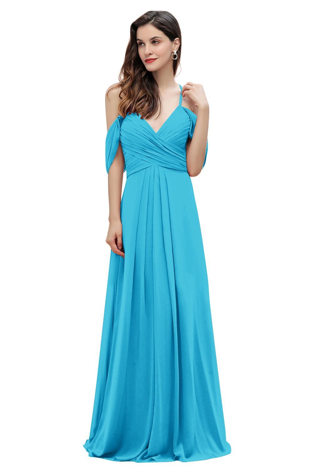 Elegant A-line Off-the-Shoulder V-neck Ruched Long Bridesmaid Dress-27prom
