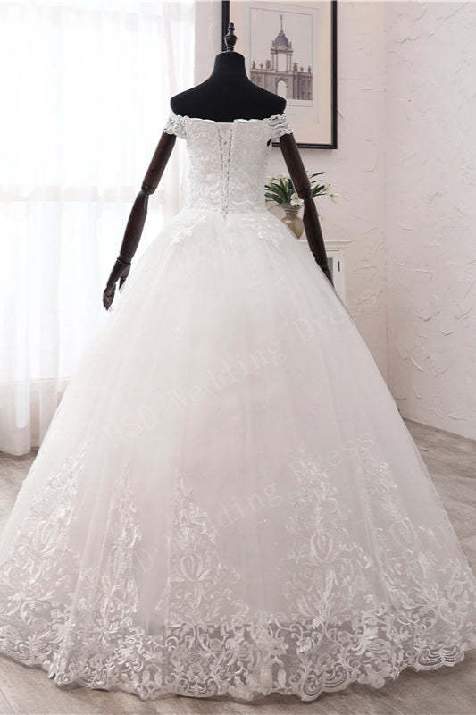 Off-the-shoulder Ball Gown Tulle Wedding Dress With Lace Appliques