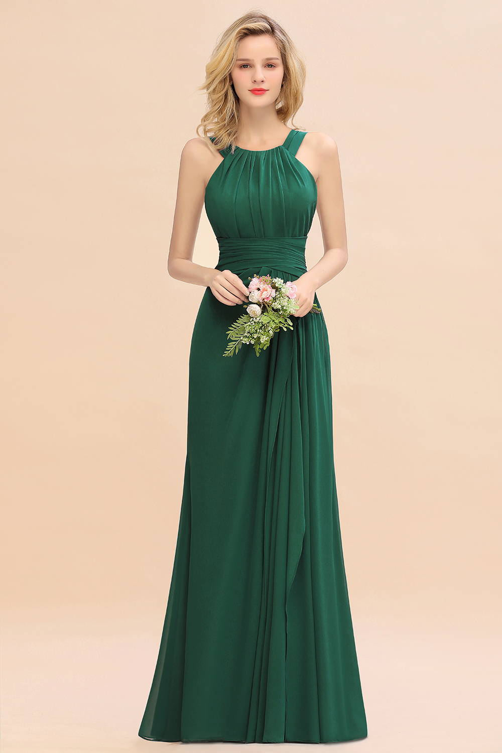 27prom Elegant Round Neck Sleeveless Bridesmaid Dress with Ruffles-27prom