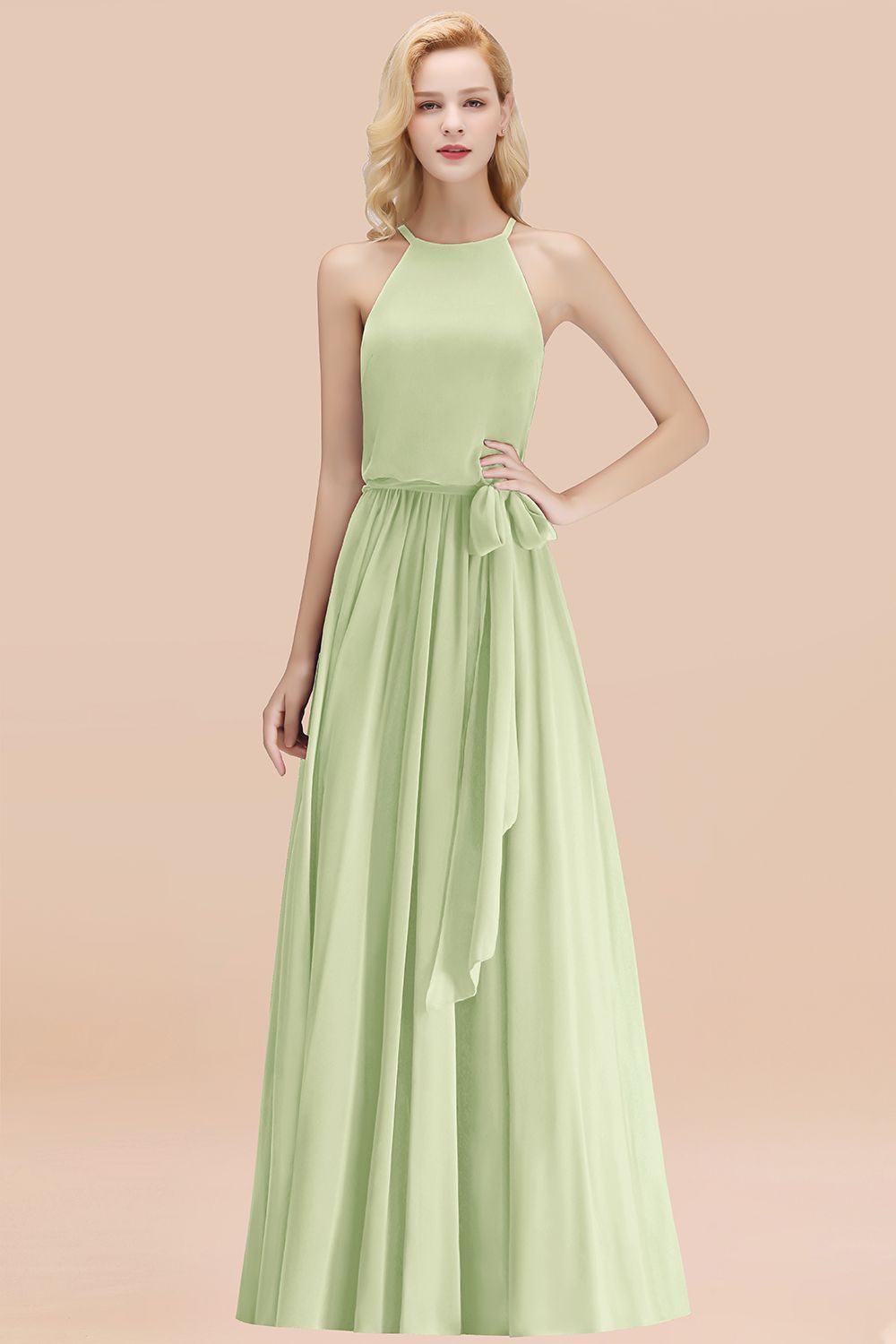 27prom Affordable Halter Bow Long Bridesmaid Dress Modest Burgundy Chiffon Wedding Party Dress-27prom