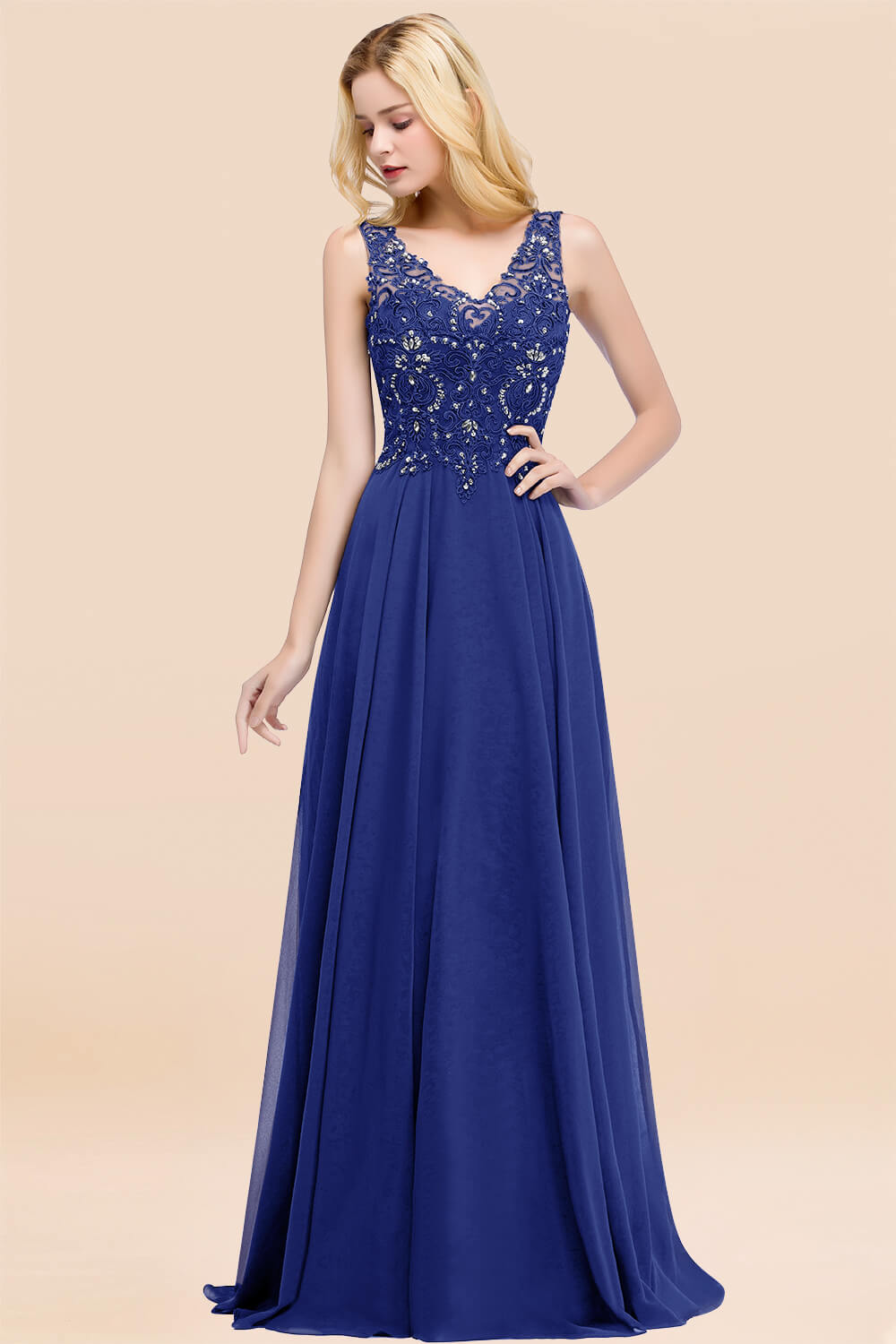 27prom Affordable Lace V-Neck Navy Bridesmaid Dresses With Appliques-27prom