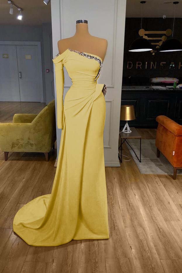 Orange Long Sleeves Sequins Long Pleated Mermaid Prom Dress With Beadings