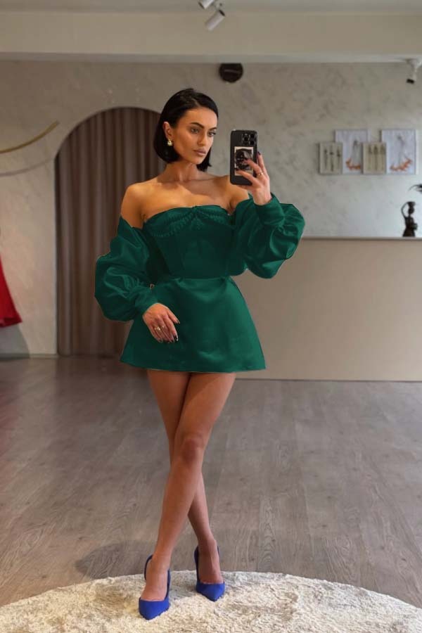 Spaghetti Strap Long Sleeves A Line Prom Dress With Beading