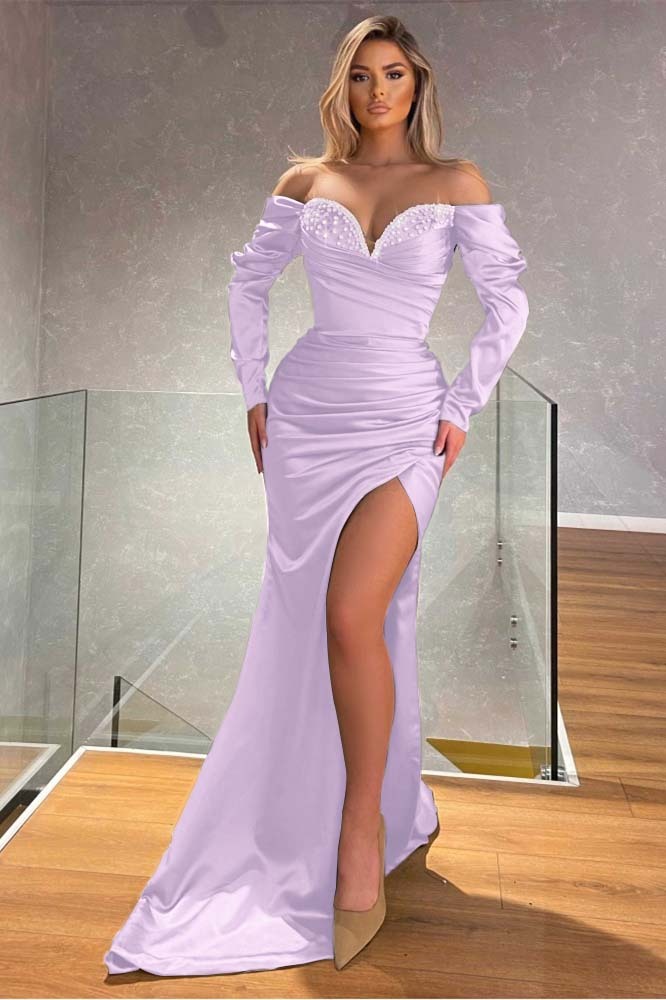 Off the Shoulder Long Sleeves Mermaid Long Prom Dress With Beading