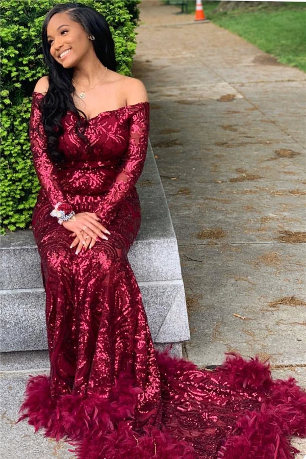 Long Sleeves Strapless Mermaid Prom Dress Sequins Burgundy With Feather