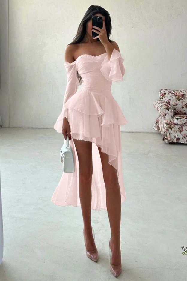 Strapless Long Sleeves Off the Shoulder Short Prom Dress With Ruffles
