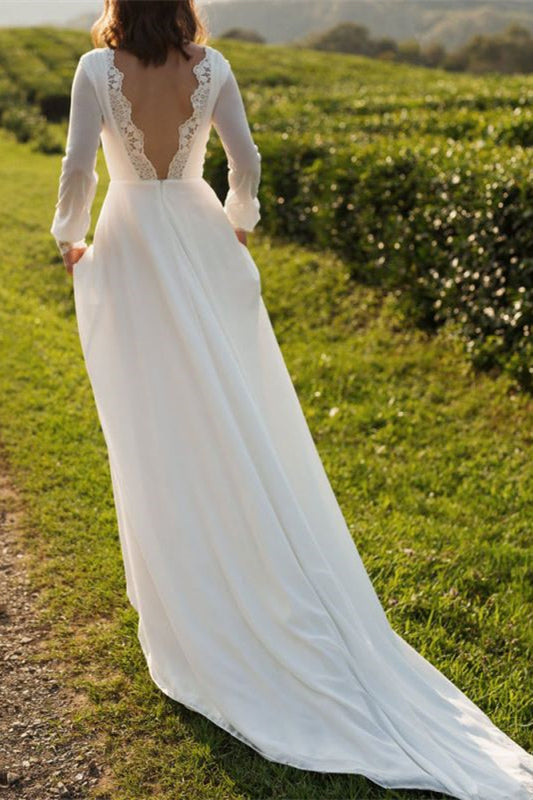Bateau Neck Long Sleeve Tulle Boho A-Line Wedding Dress with Open Back