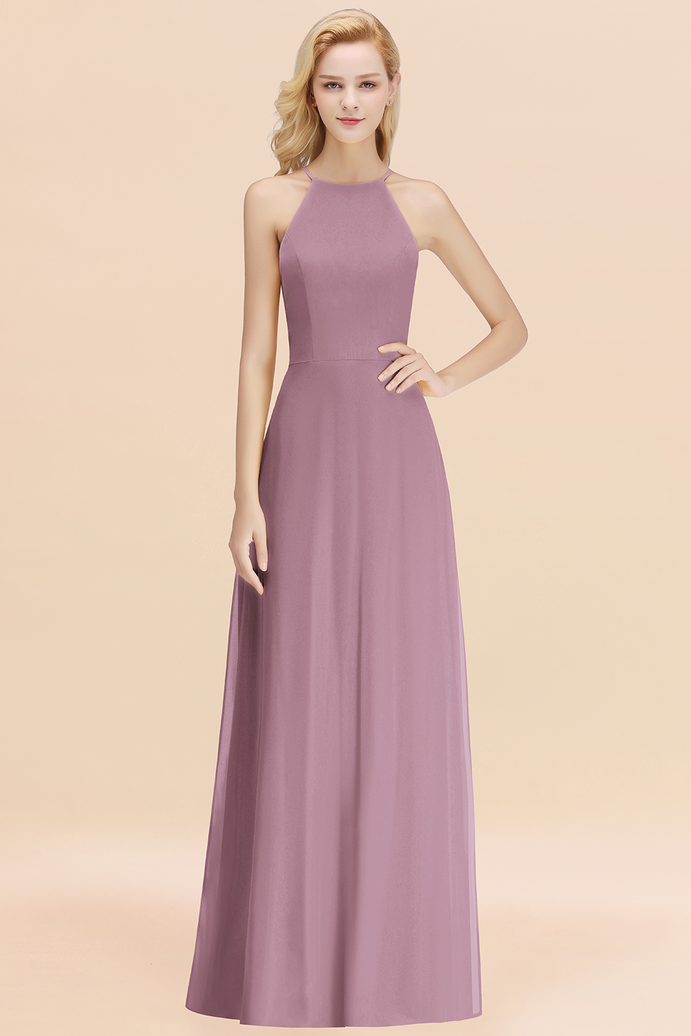 27prom Modest High-Neck Yellow Chiffon Affordable Bridesmaid Dresses Online-27prom
