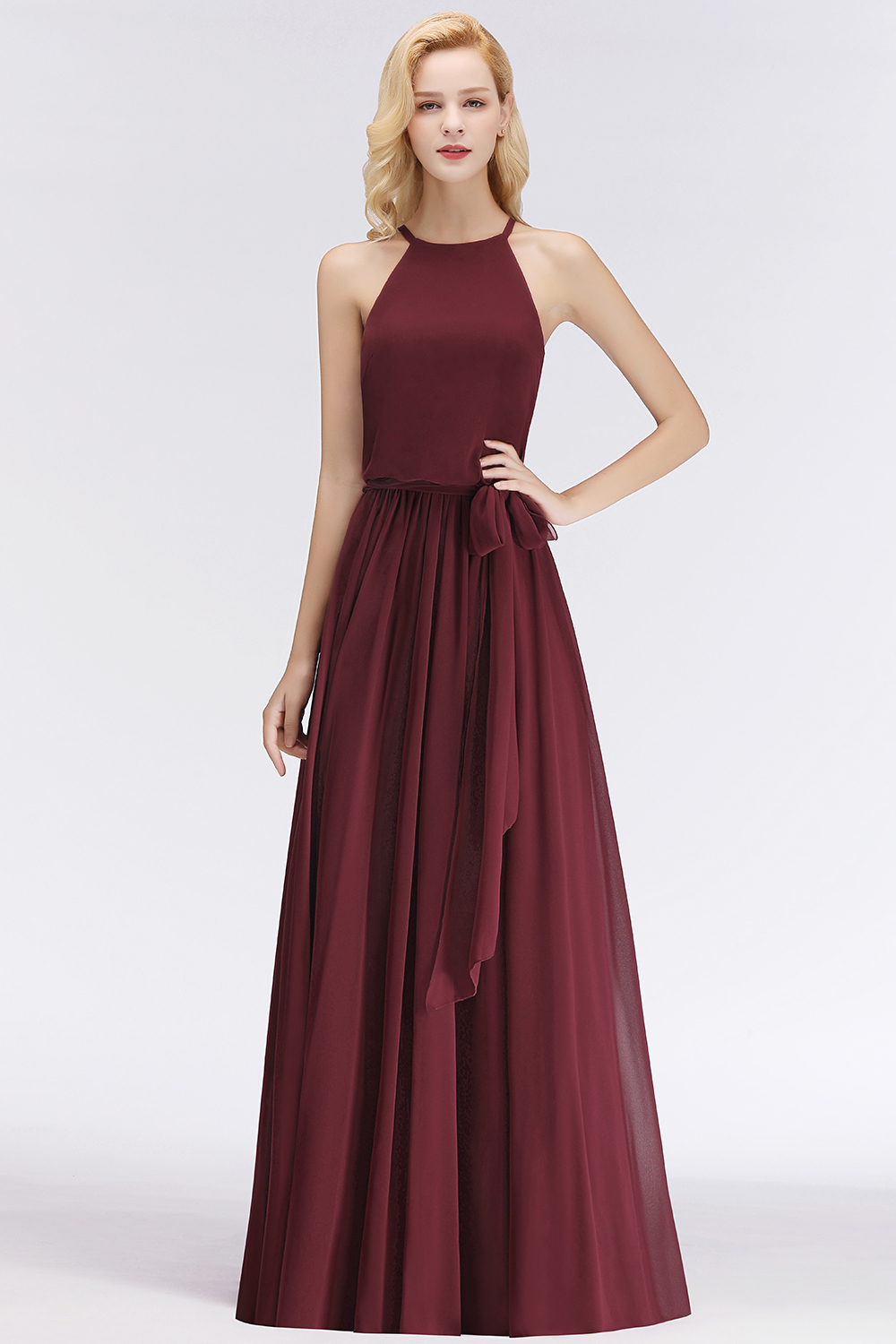 27prom Affordable Halter Bow Long Bridesmaid Dress Modest Burgundy Chiffon Wedding Party Dress-27prom