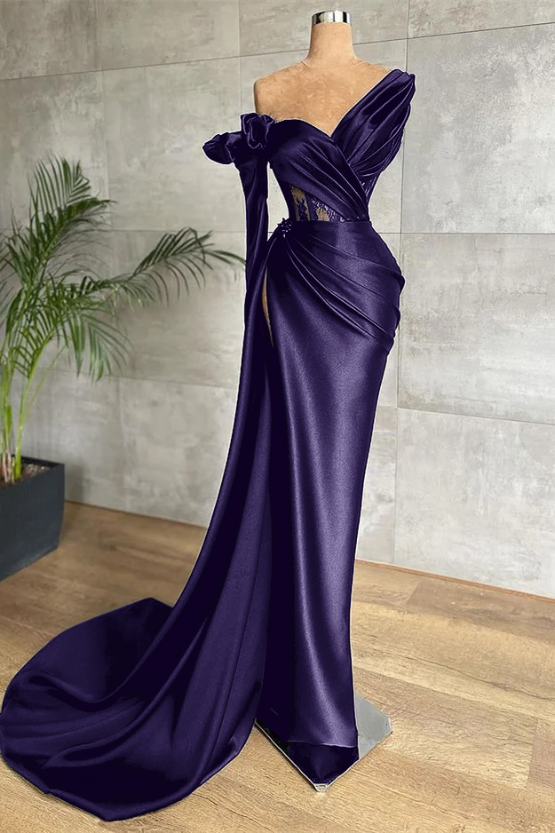 Black One Shoulder Long Sleeve Lace Pleated Long Prom Dress With Side Split