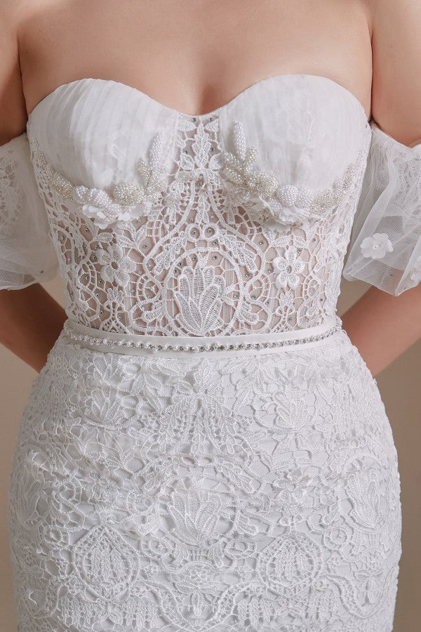 Long Mermaid Sweetheart Lace Wedding Dress with Detachable Sleeves