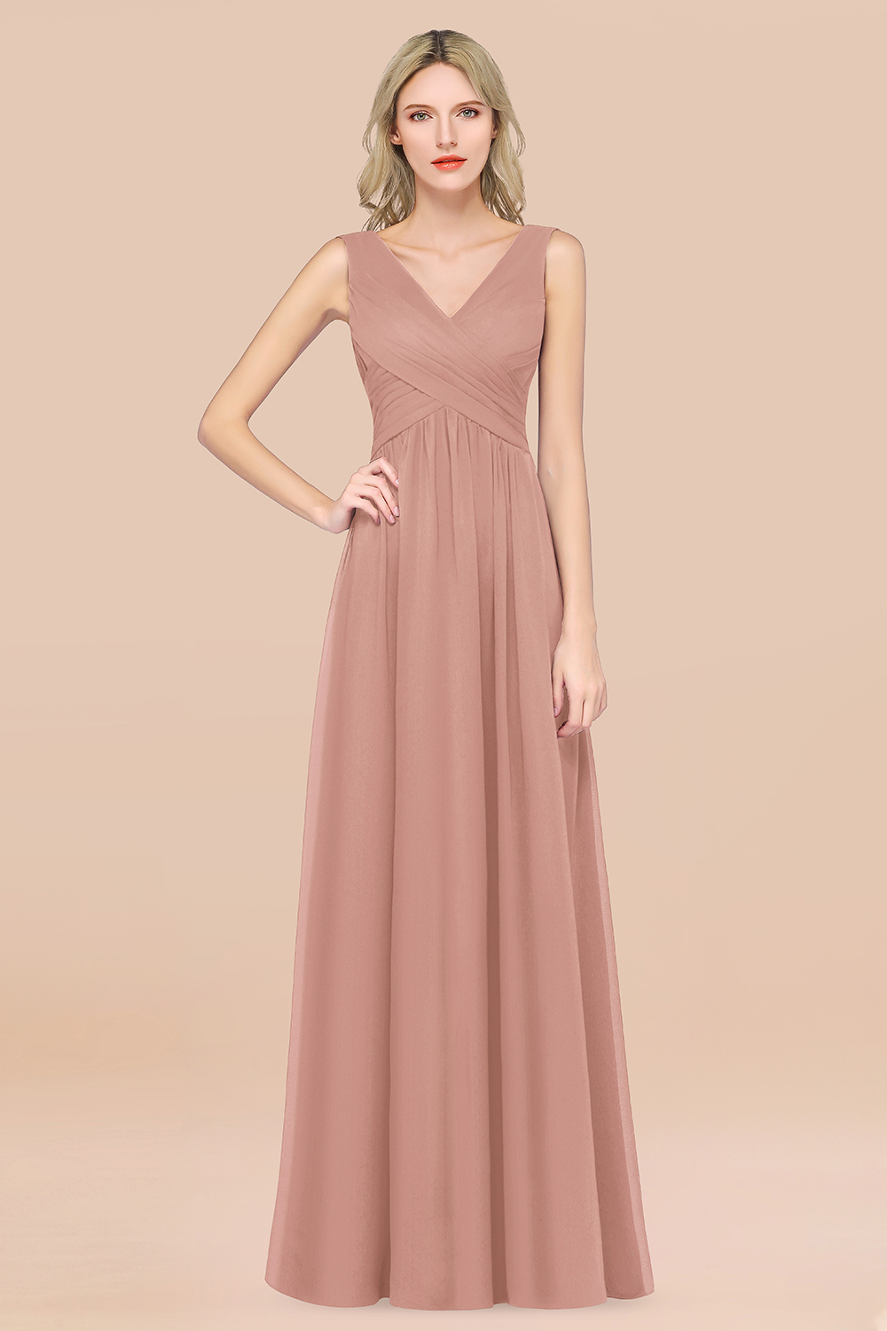 27prom Glamorous Chiffon V-Neck Sleeveless Burgundy Bridesmaid Dress with Draped Back-27prom