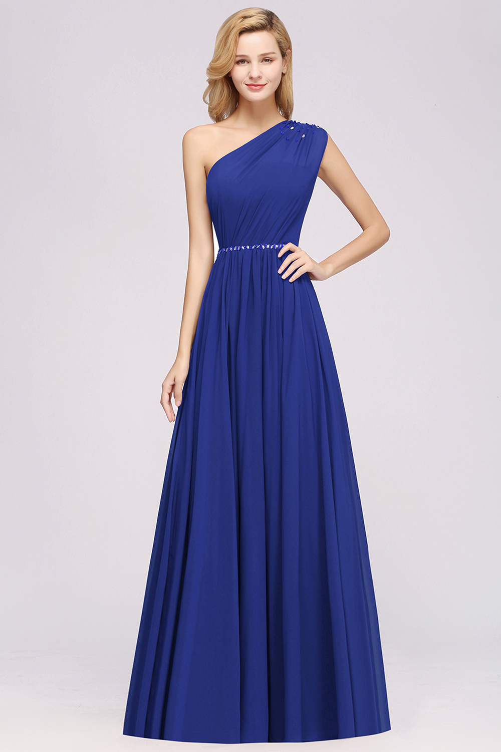 27prom Modest One-shoulder Royal Blue Affordable Bridesmaid Dress with Beadings-27prom