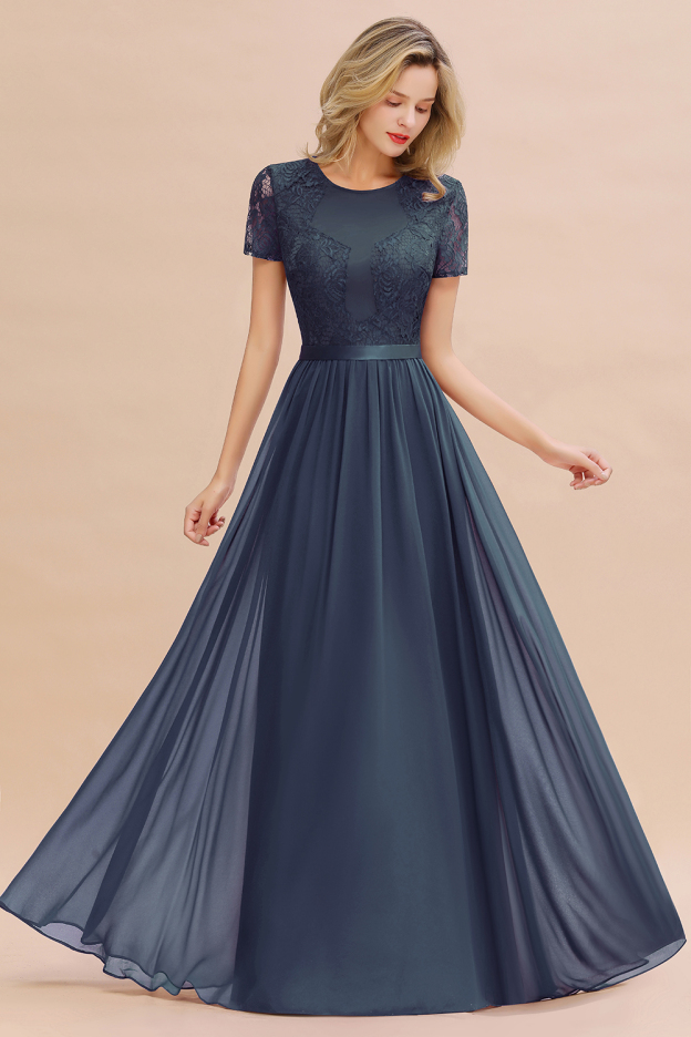 27prom Elegant Chiffon Lace Jewel Short-Sleeves Affordable Bridesmaid Dress-27prom