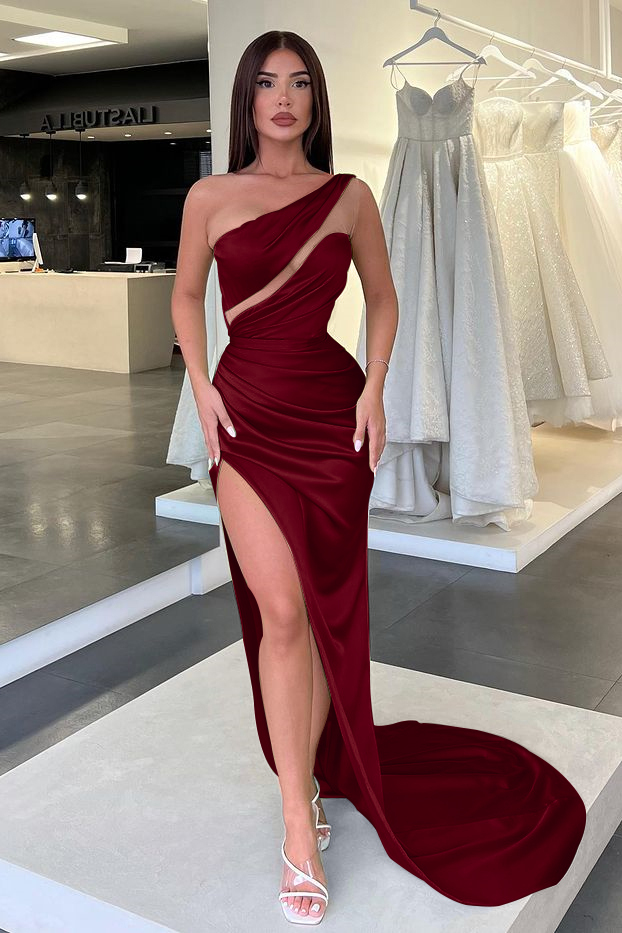 Charming Light Green One Shoulder Sleeveless Split Evening Dress With Pleated