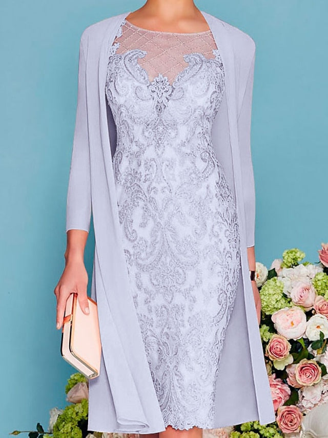 Long-Sleeve Knee-Length Sheath/Column Mother of the Bride Dress with Lace Beading Appliques-27prom