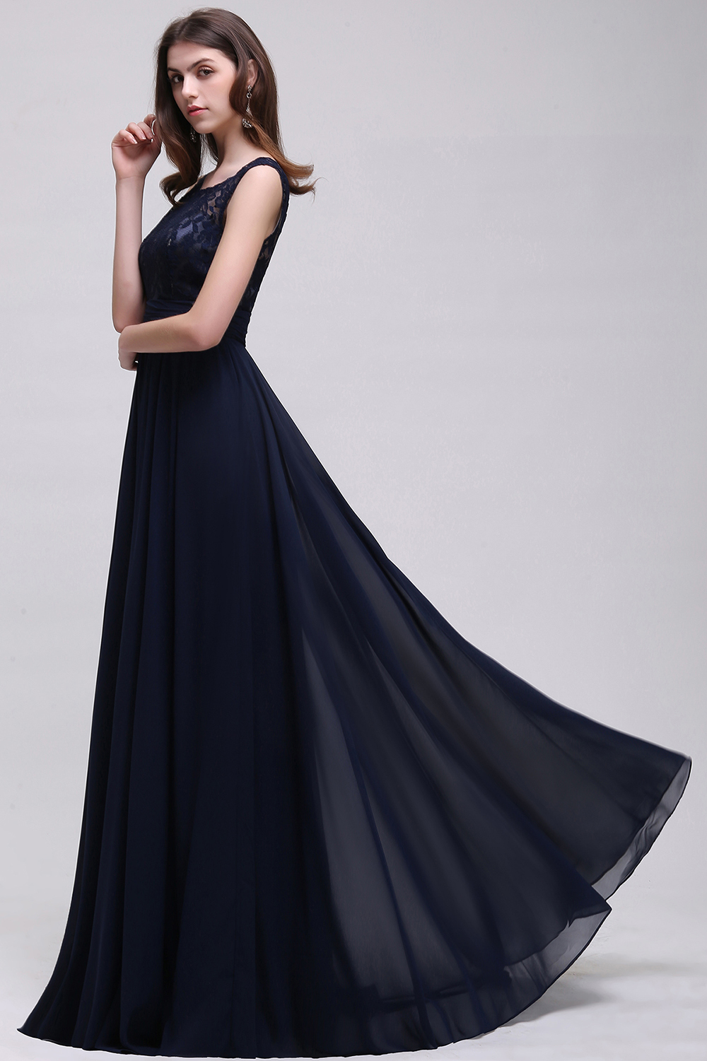 27prom Vintage Lace Scoop Sleeveless Dark Blue Bridesmaid Dress with V-Back-27prom