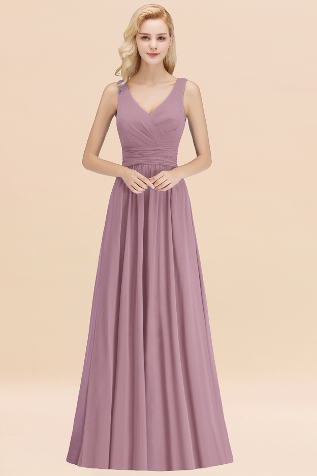 27prom Modest Sleeveless V-Neck Long Chiffon Bridesmaid Dress Online with Ruffle-27prom