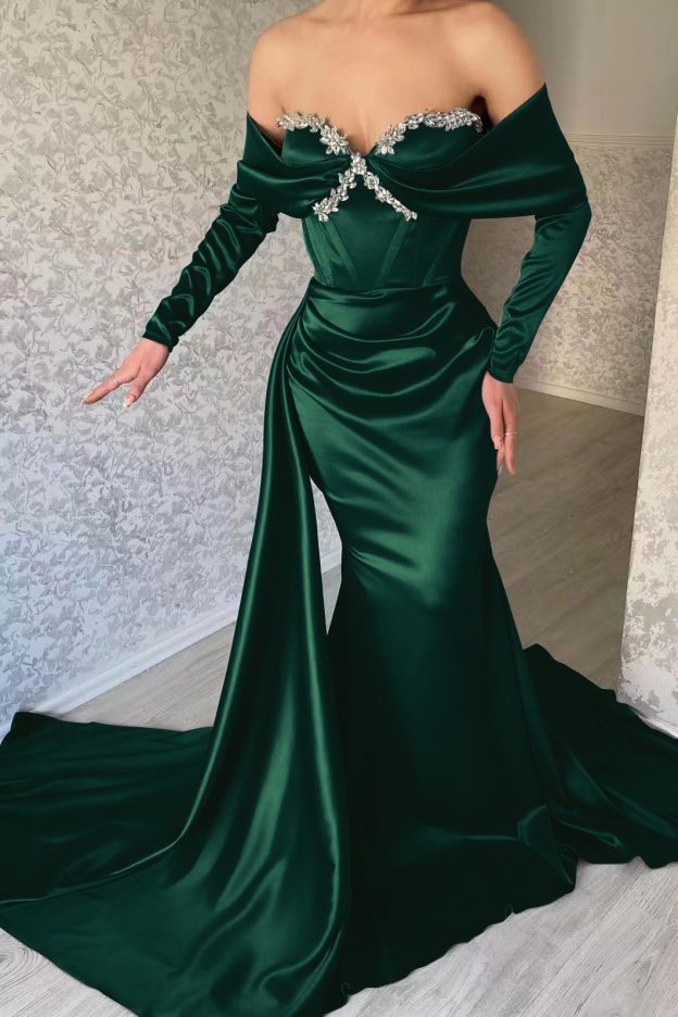 Gorgeous Sweetheart Portrait Long Sleeves Mermaid Prom Dress With Rhinstone Ruffles