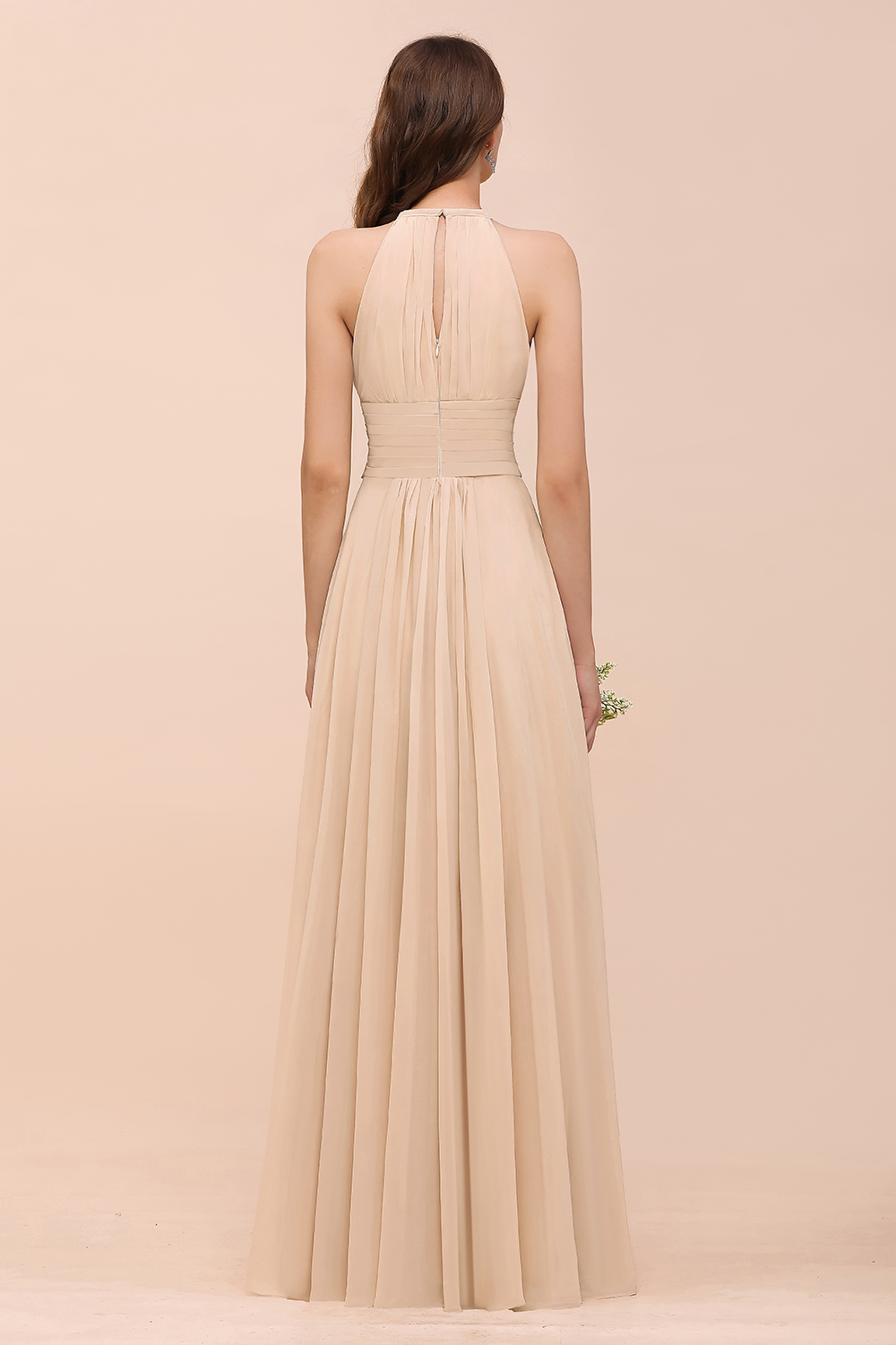 27prom Elegant Chiffon Jewel Ruffle Champagne Affordable Bridesmaid Dress Online-27prom