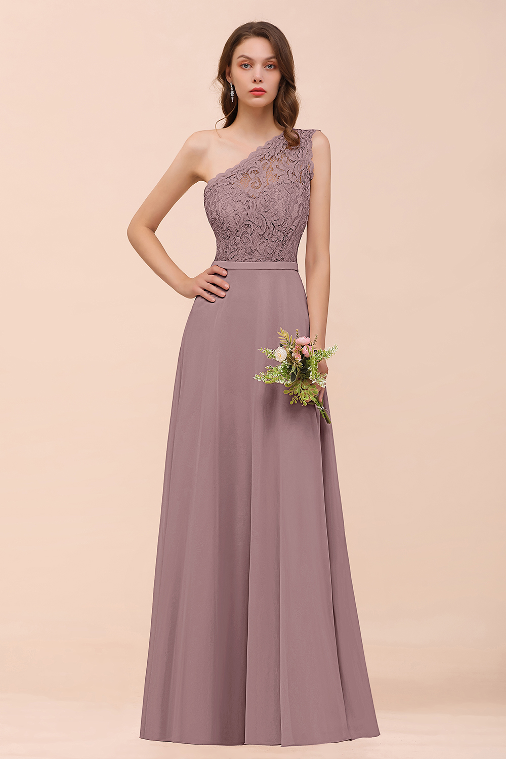 27prom New Arrival Dusty Rose One Shoulder Lace Long Bridesmaid Dress-27prom