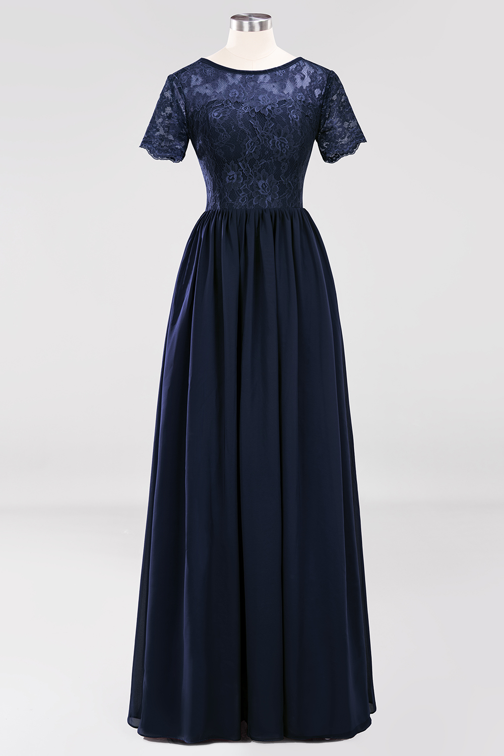 27prom Elegant Dark Navy Long Lace Bridesmaid Dresses with Short-Sleeves-27prom