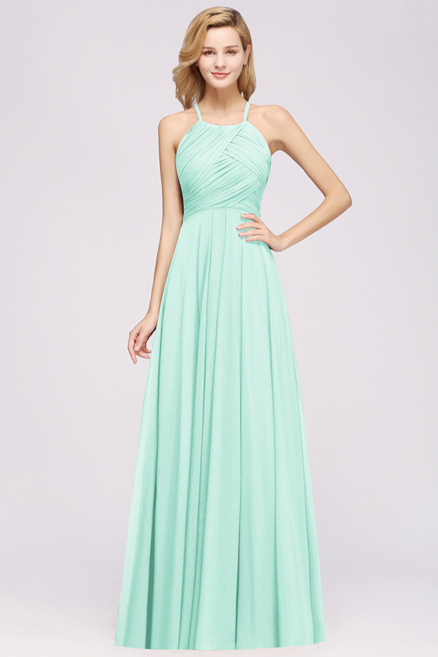 27prom Halter Crisscross Pleated Bridesmaid Dress Blue Chiffon Sleeveless Maid of Honor Dress-27prom