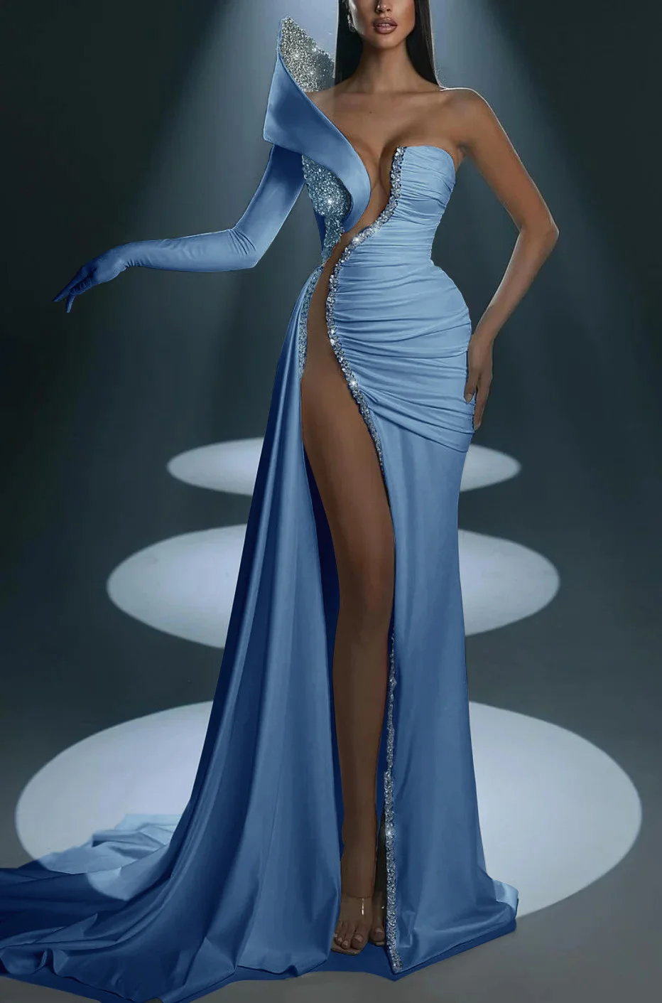 White Prom Dress With Gloves Long Mermaid One Shoulder With High Slit