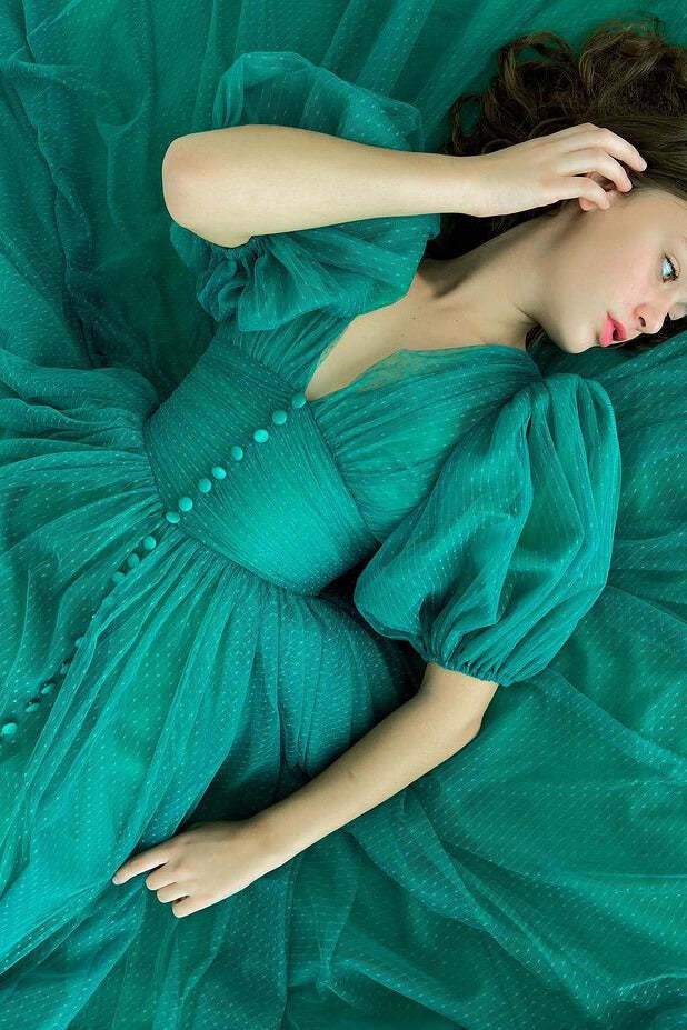 Dark Green V-Neck Evening Dress A-Line with Short Sleeves on Sale