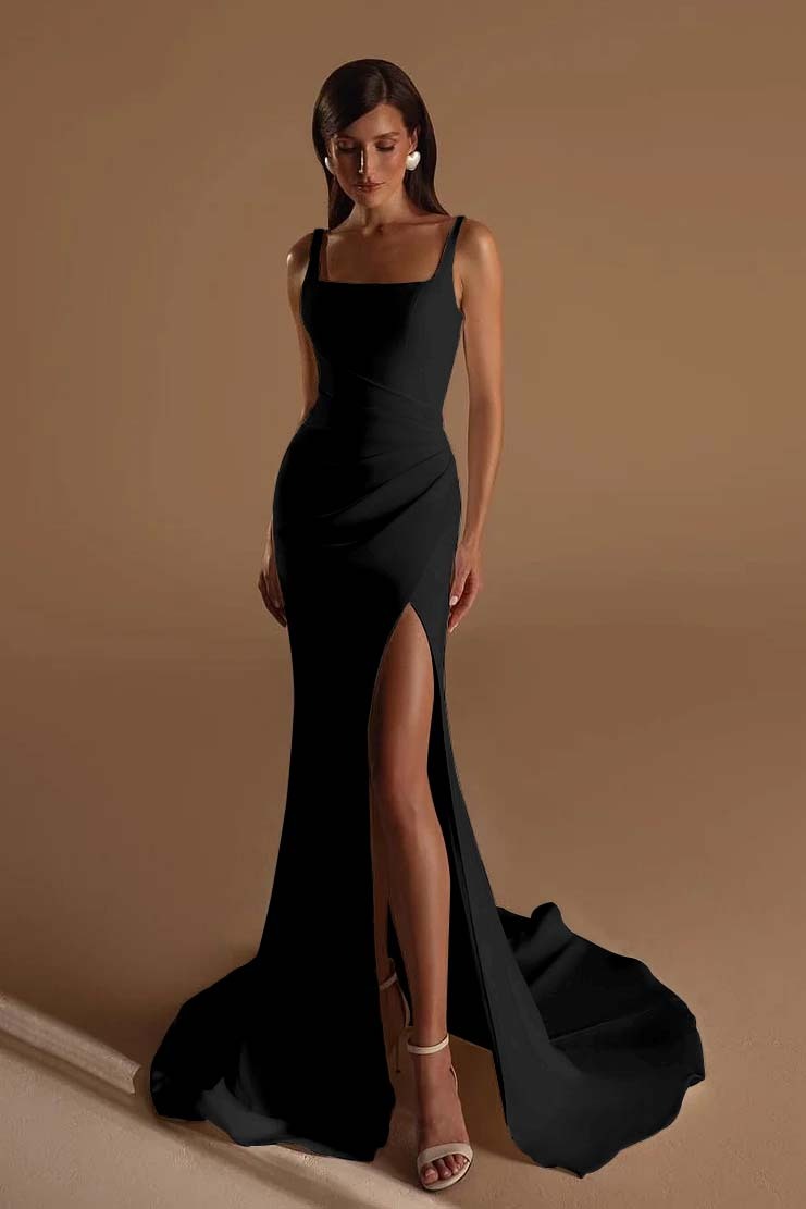 Straps Sleeveless Long Mermaid Prom Dress With Split Pleated