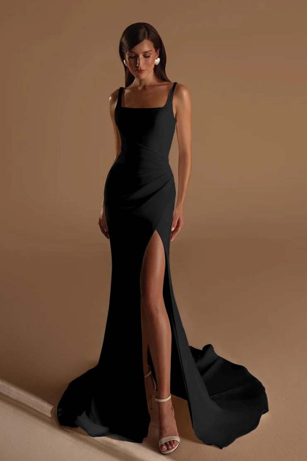 Straps Sleeveless Long Mermaid Prom Dress With Split Pleated