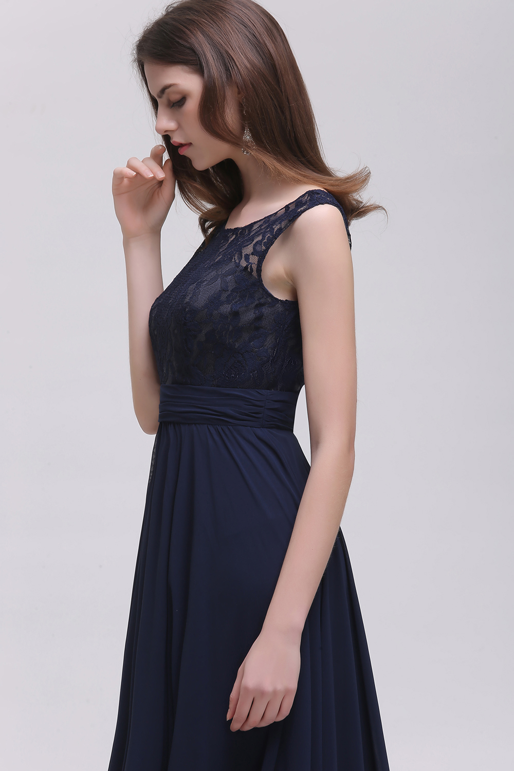 27prom Vintage Lace Scoop Sleeveless Dark Blue Bridesmaid Dress with V-Back-27prom