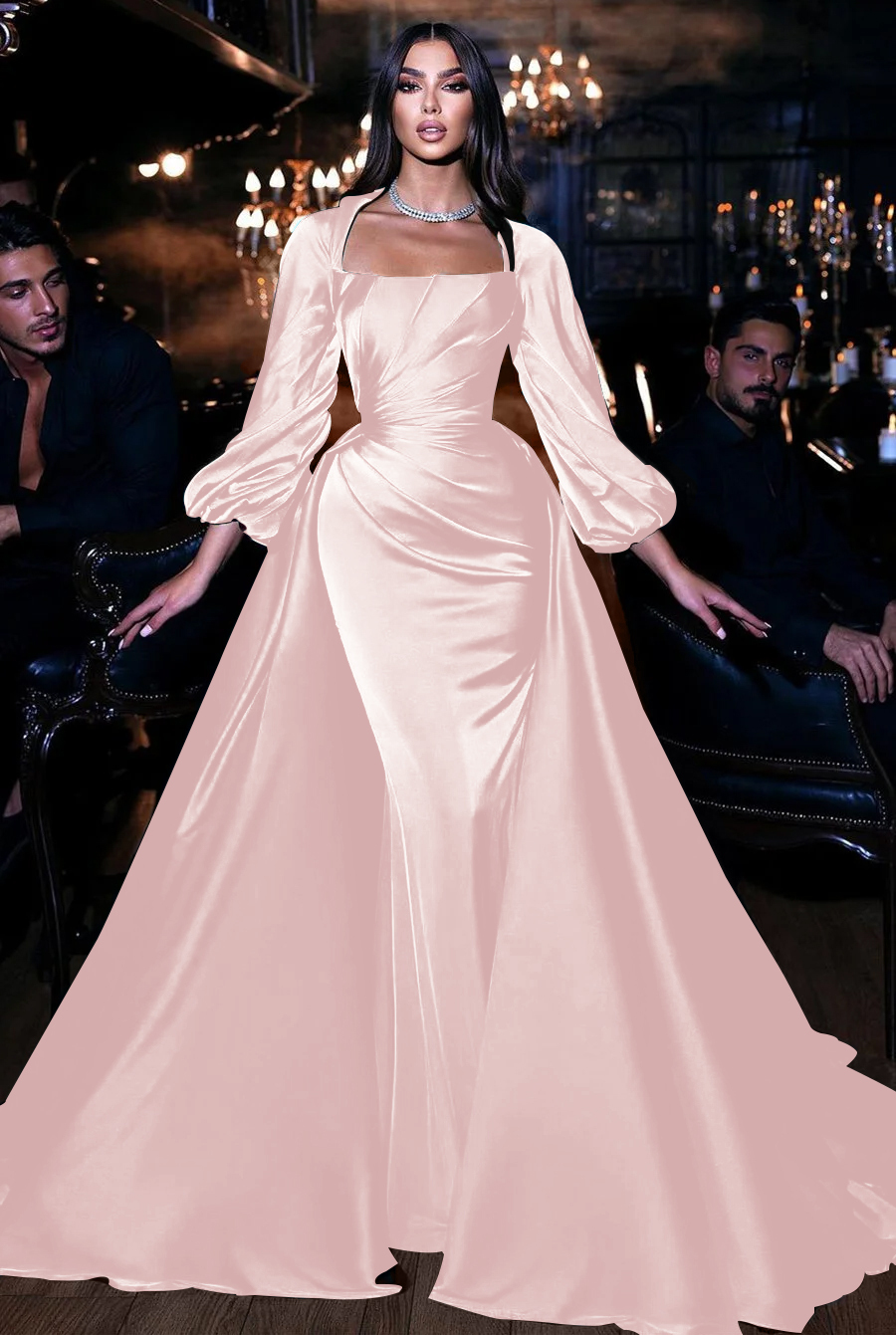 Square Emerald Long Sleeves Pleated Long Mermaid Prom Dress With Ruffles