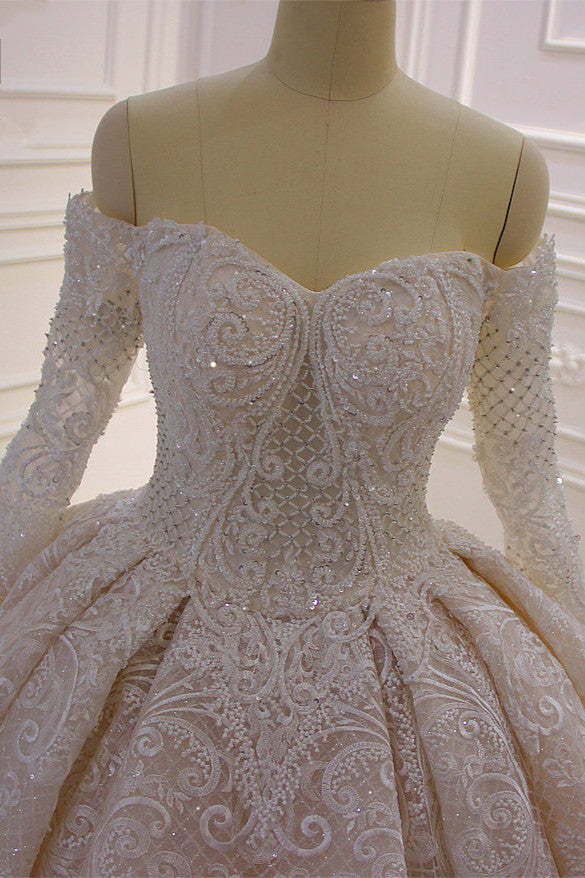 Off-the-Shoulder Long Sleeve Ball Gown Wedding Dress with Lace Appliques