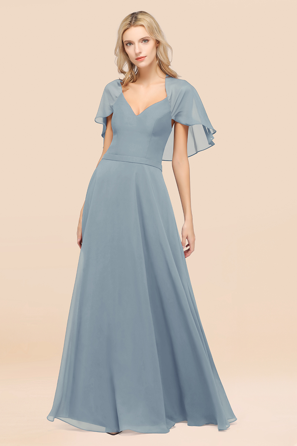 27prom Chic Satin V-Neck Long Burgundy Chiffon Bridesmaid Dress with Flutter Sleeve-27prom