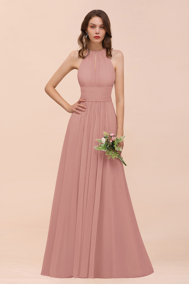 27prom Elegant Chiffon Jewel Ruffle Champagne Affordable Bridesmaid Dress Online-27prom