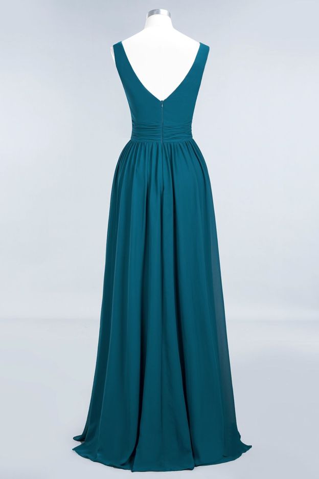 27prom Modest Sleeveless V-Neck Long Chiffon Bridesmaid Dress Online with Ruffle-27prom