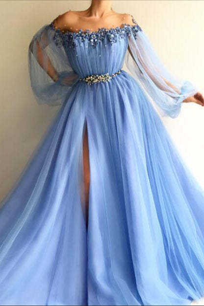Off-the-Shoulder Long Sleeves Evening Dress with Beads