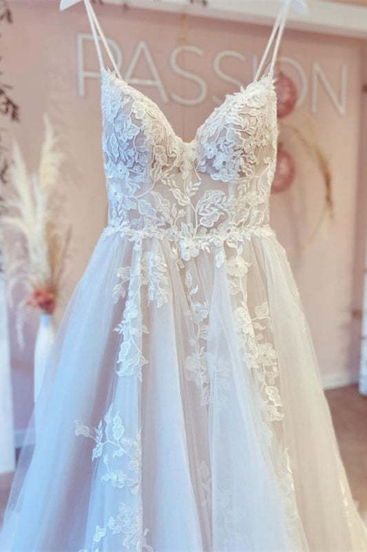 Spaghetti Strap V-Neck Sleeveless Tulle Lace A-Line Wedding Dress