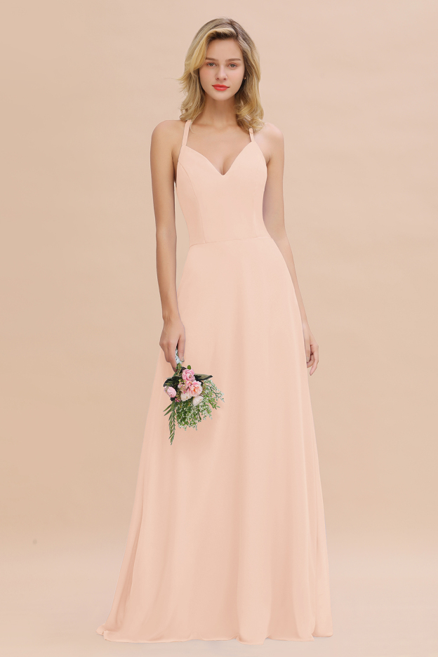 27prom Modest Halter V-Neck Sleeveless Long Bridesmaid Dresses Online-27prom