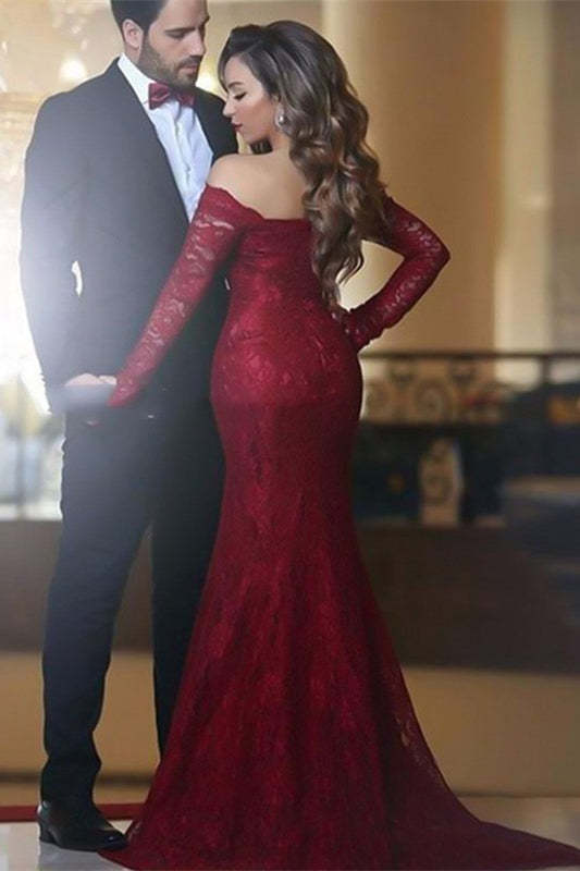 Burgundy Long Sleeves Mermaid Evening Dress